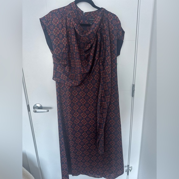 Club Monaco Designer Midi Dress Women Sz 8 Multi Geo Print Drape Neck Scarf - Picture 4 of 13